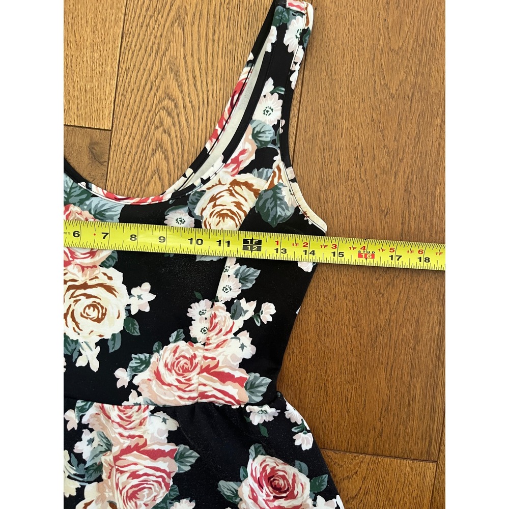 Floral Print Skater Mini Dress Black Rose Scoop Neck Sleeveless A Line Size S - Picture 7 of 14